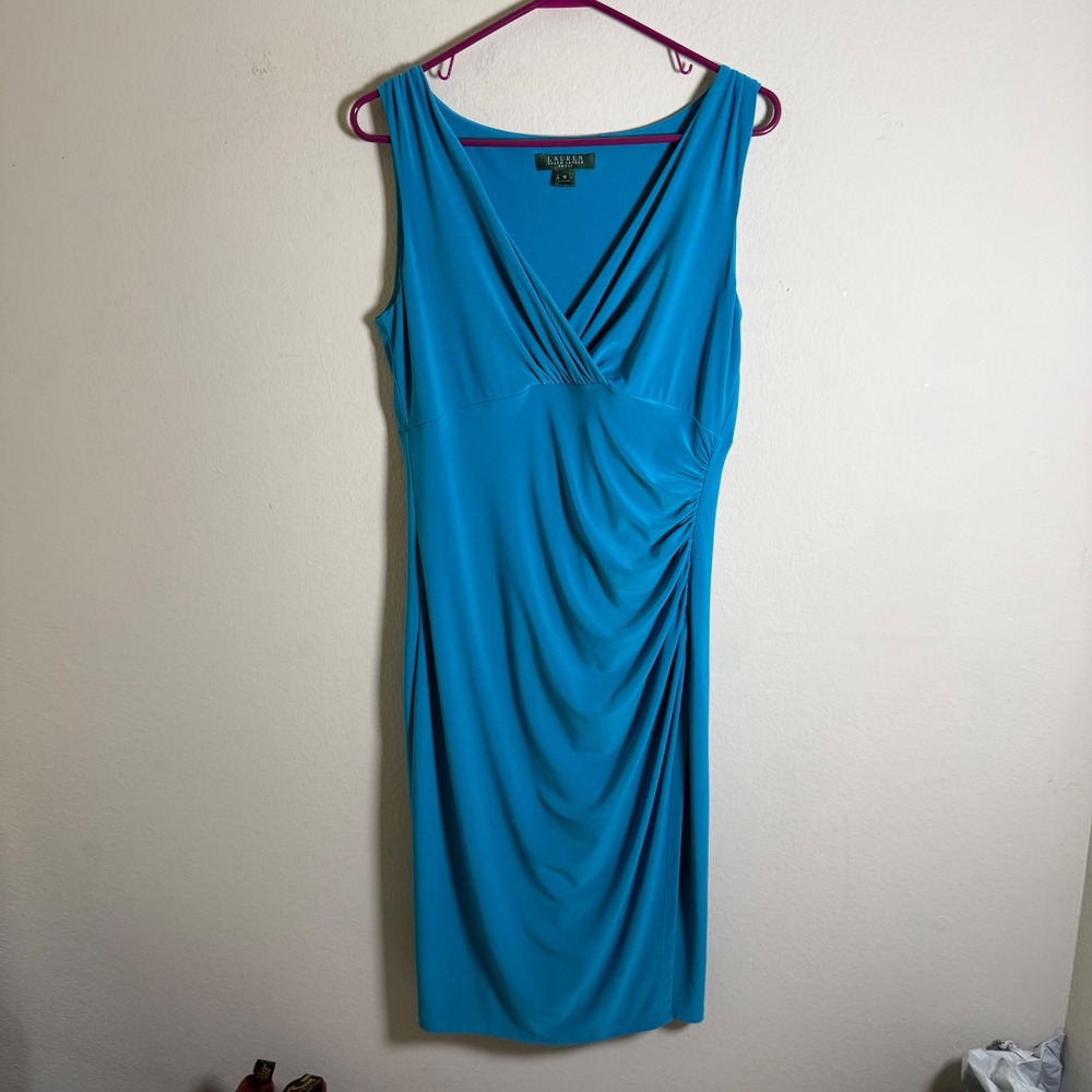 Lauren Ralph Lauren Turquoise Blue Ruched Surplice V-Neck Sheath Dress Size 10